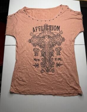 Affliction Vintage Y2K Cyber Grunge Goth Rhinestone Top Cold Shoulder Sz S
